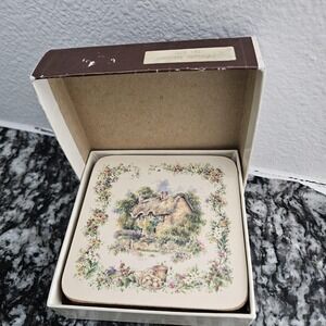 Set of 6 VINTAGE Clover‎ Leaf Coasters Larkrise Cottages MADE in England W/box